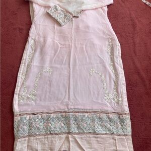 Elegant Pink Embroidered Dress with Matching Clutch